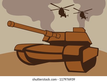 A war scene with tanks and helicopters. Vector illustration.