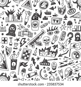 war - seamless background with icons in sketch style