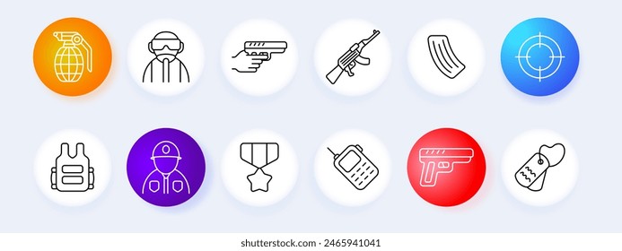 Icono de guerra. Lucha, pistola, ametralladora, rifle automático, operación, cargador de rifle, armas, infantería, granada, medalla, walkie talkie, etiqueta, militar, mercenario, operativo, guerra, tormenta, arma.