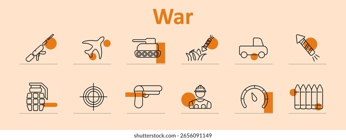Ícone de conjunto de guerra. Arma, granada, tanque, míssil, arame farpado, soldado, alvo, bala, capacete, velocímetro, cerca, avião, veículo, ferramentas de guerra e equipamentos exibidos claramente