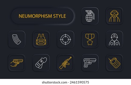 War set icon. Hand, pistol, machine gun, automatic rifle, clip, rifle magazine, sight, grenade, medal, walkie talkie, tag, military, mercenary, operative, modern warfare, neomorphism. Weapon concept.