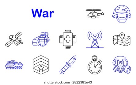 War set icon. Military satellite, combat helicopter, grenade weapon, armored tank, tactical knife, radio communication, gas mask, battlefield navigation, medical support, army insignia, defense