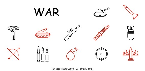 Kriegssatzsymbol. Demonstrant, Panzer, Gewehr, Messer, Rakete, Bombe, Ziel, Flugzeug, Pfeil, Kugeln, Explosion.