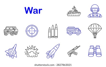 War set icon. Soldier helmet, military truck, targeting scope, ammunition bullets, parachute landing, fighter aircraft, missile launch, assault rifle, naval vessel, battlefield surveillance