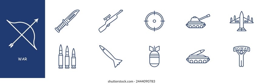 War set line icon. Knife, sight, rifle, tanks, equipment, bomb, rocket, cartridges. Pastel colors background Vector line icon for business and advertising