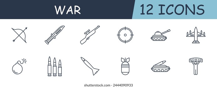 War set line icon. Knife, sight, rifle, tanks, equipment, bomb, rocket, cartridges. 12 line icon. Vector line icon for business and advertising