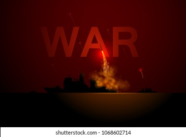 War Ship Missile Launch On Sea Vector Illustration