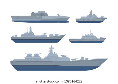 war ship set collection pack with various model and size with modern style and grey black color - vector illustration