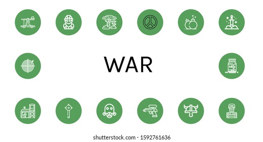 war simple icons set. Contains such icons as Catapult, Knight, Camouflage, Peace, Bomb, Sword, Military base, Mace, Gas mask, Water gun, Viking helmet, can be used for web, mobile and logo