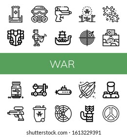 war simple icons set. Contains such icons as Throne, Armour, Gas mask, Medieval, Water gun, Battleship, Radioactive, Radar, Paintball, Ammo, can be used for web, mobile and logo