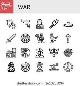 war simple icons set. Contains such icons as Water gun, Paintball, Gun, Soldier, Weapon, Submarine, Sword, Radioactive, Medieval, Mace, Military base, can be used for web, mobile and logo