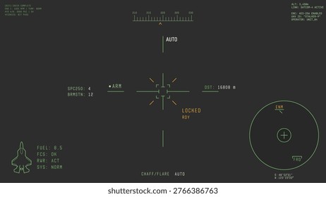 War strike aircraft pod camera viewfinder overlay. Template for military battle plane or drone video. Camera frame template. Green lines Ui on background. Realistic combat targeting combat frame. 