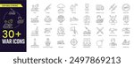 War Stroke icon collections. Containing Combat, Army, battle, conflict, military, missile, refugees, bomb, tank, collection. Stroke icon collection Outline icon