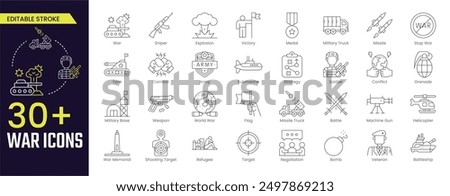 War Stroke icon collections. Containing Combat, Army, battle, conflict, military, missile, refugees, bomb, tank, collection. Stroke icon collection Outline icon