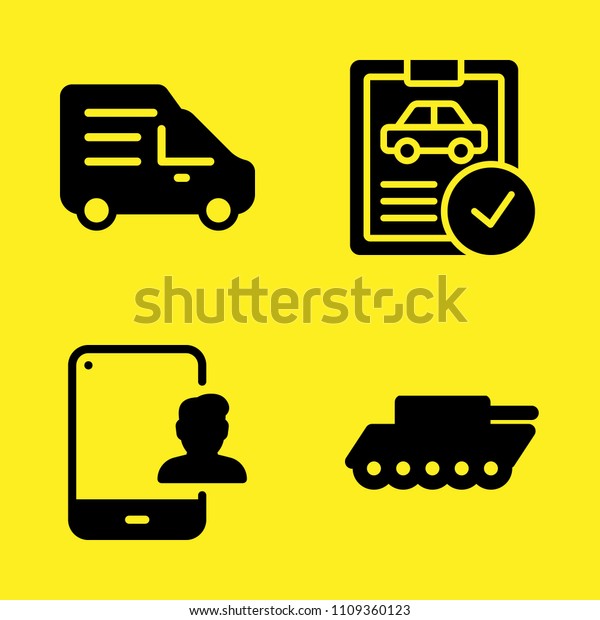 war tank, car\
repair, tablet and delivery truck vector icon set. Sample icons set\
for web and graphic design