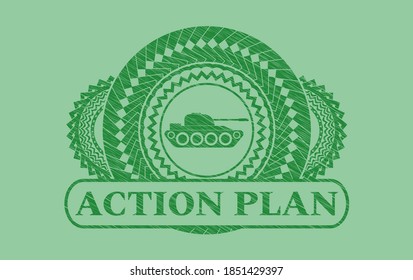 war tank icon and ACTION PLAN text Green stroke emblem. Eco handsome background. Artistic illustration. 