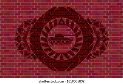 icono del tanque de guerra dentro del emblema de la pared de ladrillo. Los azulejos de fondo son delicados. Ilustración intensa. 
