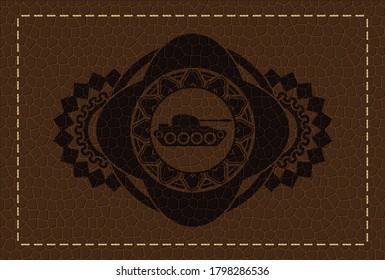 war tank icon inside brown leather realistic badge. Wallet delicate background. Illustration. 