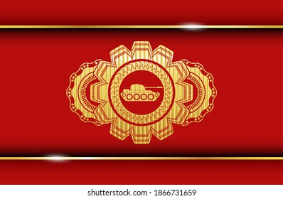 war tank icon inside Gold and Red color realistic emblem. Traditional luxurious background. Intense illustration. 
