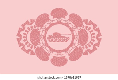 war tank icon inside Pink stroke realistic badge. Rose color luxurious background. Intense illustration. 