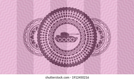 war tank icon inside pink wavy realistic badge. Curve luxurious background. Intense illustration. 