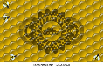 icono del tanque de guerra dentro de las abejas dulces miel emblema realista. fondo clásico de apicultura. Ilustración artística. 