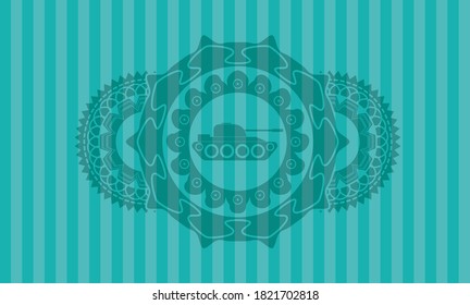 war tank icon inside Turquoise badge. Bars handsome background. Intense illustration. 