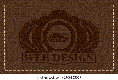 war tank icon and Web design text leather emblem. Wallet exquisite background. Vector illustration. 