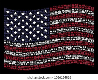 War text items are arranged into waving United States flag abstraction on a dark background. Vector concept of USA state flag is created from war text elements.