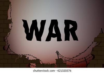 war text on the background with broken brick wall and barbed wire, vector