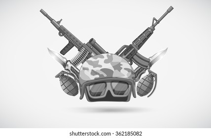 Tema de la guerra con casco e ilustración de armas
