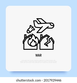 Icono de delgada línea de guerra, el avión arroja una bomba en casa en llamas. Ilustración vectorial moderna.