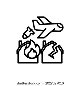 War thin line icon, airplane throws off a bomb on house in fire. Modern vector illustration.