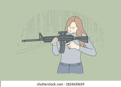 Guerra, entrenamiento, concepto de caza. Joven profesional mujer soldado cazador personaje de caricatura apuntando y mirando a través de la vista rifle automático al campo de tiro. Servicio militar y autodefensa