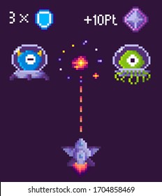 War Of Ufo And Spaceship, Ship Shooting, Screen Of Video-game, Bomb Of Monster, Cosmic Object On Purple, Fly Element, Pixel Game, Rocket With Laser Vector