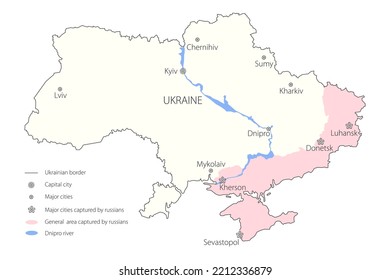 War in Ukraine. Map of current situation of russian military invasion on ukrainian territory. Vector color map.