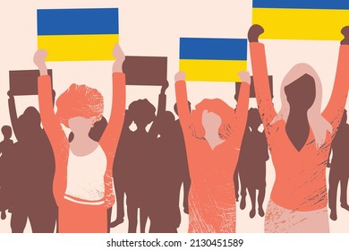 War in Ukraine, protest against russia's attack on Ukraine. Women holding the Ukrainian flag. International Women's Day. Women and girls that are victims of war and armed conflicts.