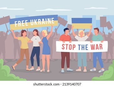 War in Ukraine protest flat color vector illustration. Free Ukraine posters. Fighting for human rights. Activists 2D simple cartoon characters with crowd on background. Bebas Neue font used