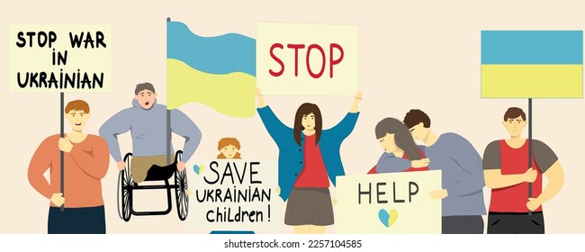 War in Ukraine, protest of people against Russia's attack on Ukraine. Women, men and children hold the Ukrainian flag, signs calling for an end to war and violence. Women, children, old people who bec