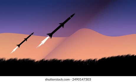 war in Ukraine, a rocket flies into the sky, flat color illustration