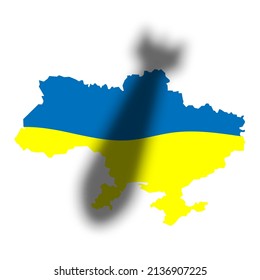War in Ukraine. Silhouette of a bomb over the map of Ukraine. Ukraine is in danger. Aggression and military attack. Vector poster.