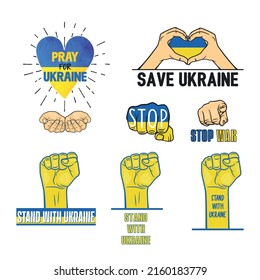 Krieg in der Ukraine. Symbole des Friedens, Unterstützung der Ukraine. Kein Kriegszeichen. Vektorgrafik. Handgeschenke und Slogans, fordert Frieden und Unterstützung für die Ukraine. Hör auf zu Krieg. T-Shirt, Plackard Print