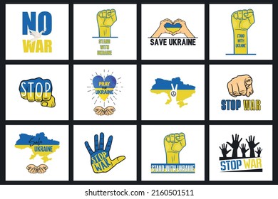 Krieg in der Ukraine. Symbole des Friedens, Unterstützung der Ukraine. Kein Kriegszeichen. Vektorgrafik. Handgeschenke und Slogans, fordert Frieden und Unterstützung für die Ukraine. Hör auf zu Krieg. T-Shirt, Plackard Print