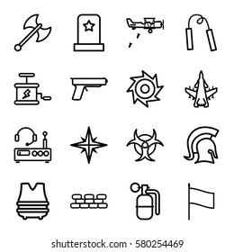 War vector icons. Set of 16 War outline icons such as dynamite, explosion, hazzard, knight, axe weapon, saw, chain weapon, listening device, flag, bulletproof vest, plane