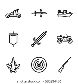 War vector icons. Set of 9 War outline icons such as sword, catapult, sail, weapon truck, plane, water military, hundting gun