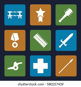war vector icons. Set of 9 war filled icons such as medical cross, sword, mace, spear, wire fence, cannon, ammo