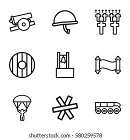 War vector icons. Set of 9 War outline icons such as shield, cannon, wire fence, manuscript, war helmet, weapon truck, man with parachute, cemetery
