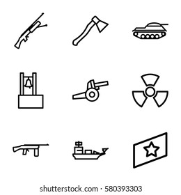 War vector icons. Set of 9 War outline icons such as radiation, axe weapon, rank, cannon, tank, water military, submachine gun