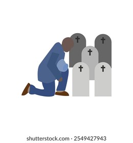 War veteran soldier pays respects to the grave of his fallen comrade . flat vector illustration. Death and cemetery concept for banner, website design or landing web page.