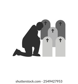 War veteran soldier pays respects to the grave of his fallen comrade . flat vector illustration. Death and cemetery concept for banner, website design or landing web page.